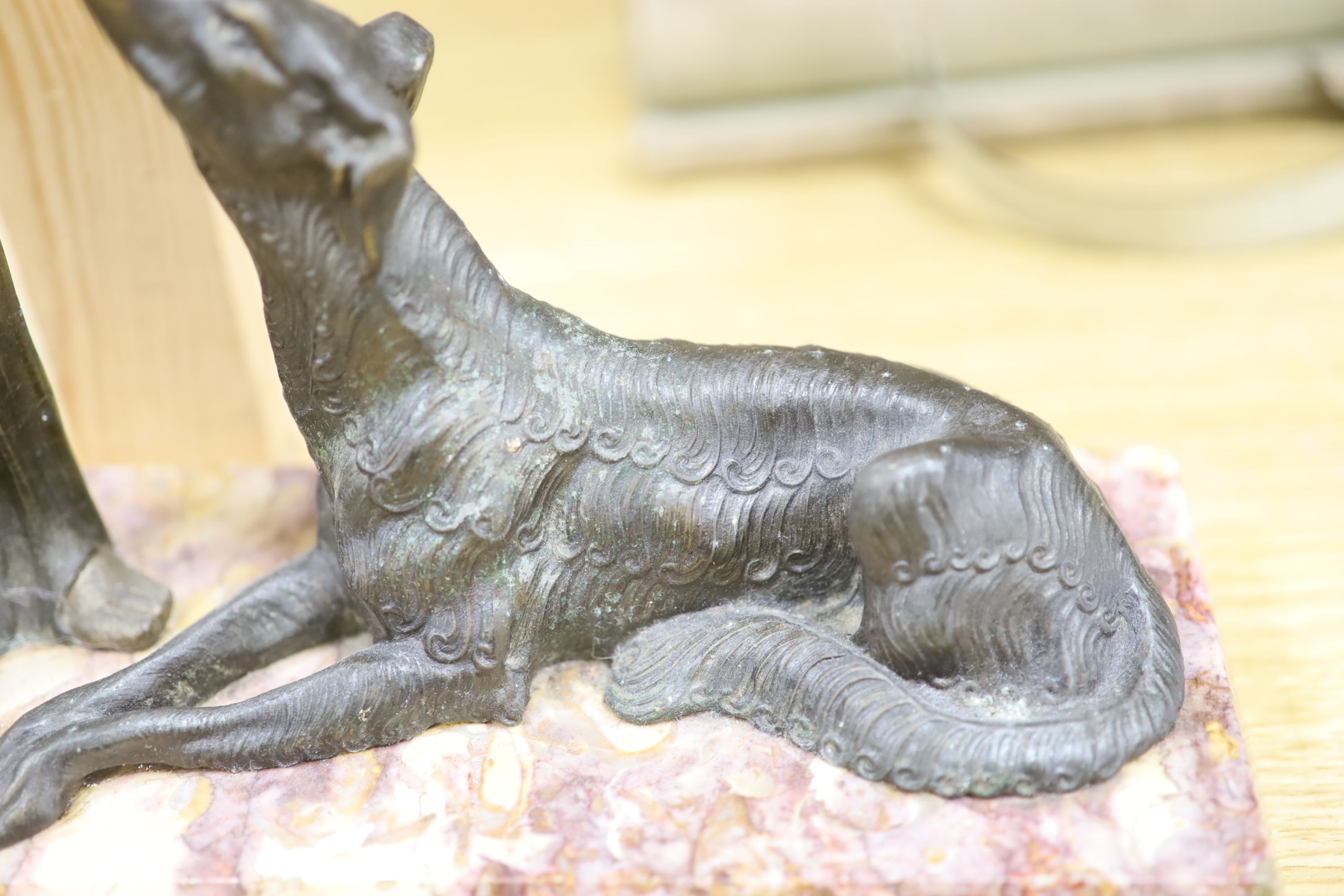 A Spelter Art Deco figure of a dog and borzoi, on a marble base, height 45cm